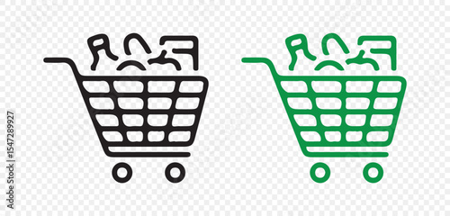 Black and green shopping cart line artwork representing online shopping. Vector illustration