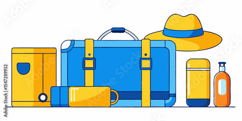 Flat Vector Illustration of Travel Items Suitcase Hat Thermos Bottle and Mug for Travel and Vacation