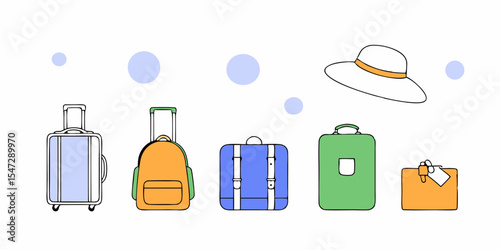 Colorful luggage set with a hat and bubbles representing travel vacations packing and summer holidays in a simple clean illustration style
