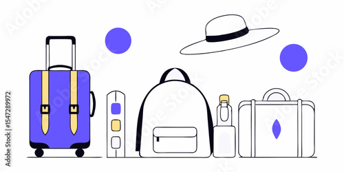 Travel essentials illustration with suitcase backpack hat toiletries and water bottle in a minimal and modern style