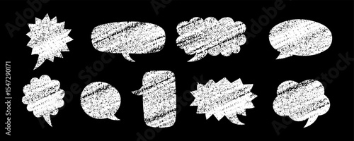 Chalk speech bubble set on blackboard. Vector hand drawn text box collection, crayon textured talk balloons. Childish design elements