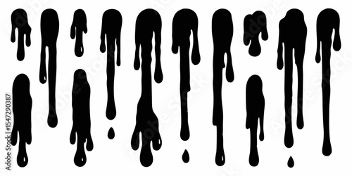 Collection of Dripping Black Paint or Liquid Isolated on White Background Perfect for Halloween or Abstract Designs