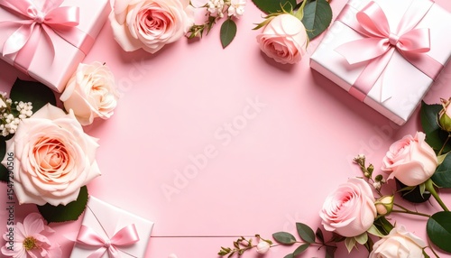 Romantic gift arrangement with pink roses and presents perfect for celebrations floral composition soft lighting above view love and joy