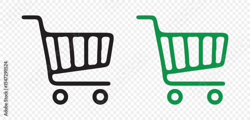 Supermarket shopping cart vector icon. Black and green shopping cart line artwork representing online shopping, retail and e-commerce.