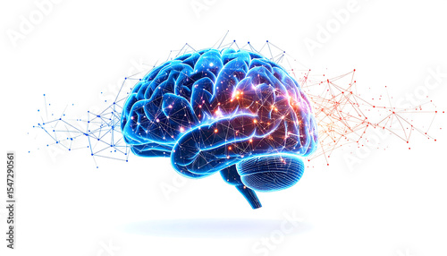 A vibrant illustration of a human brain glowing with energy, surrounded by connected network structures on a white background.