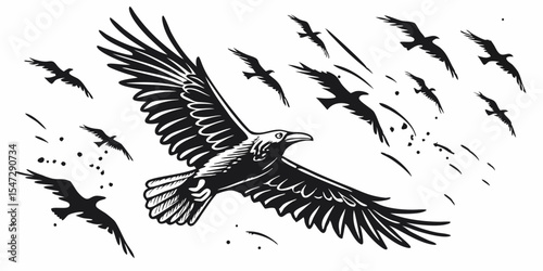 Monochrome Illustration of a Raven Leading a Flock of Birds in Flight Across a White Background