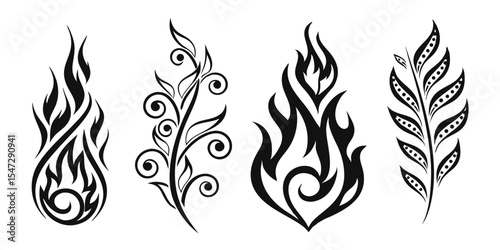 Set of Four Black and White Floral and Flame Design Elements for Tattoo or Decoration Isolated