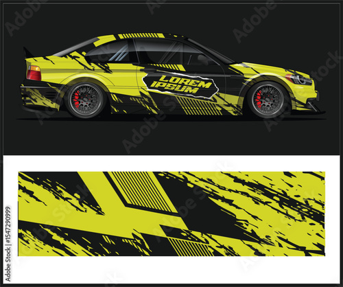 Yellow and Black Racing Car Wrap Design Template with Abstract Graphics