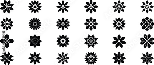 Black floral silhouette icons set – decorative mandala-inspired flower vector symbols, geometric petal shapes for logo, pattern, and graphic design