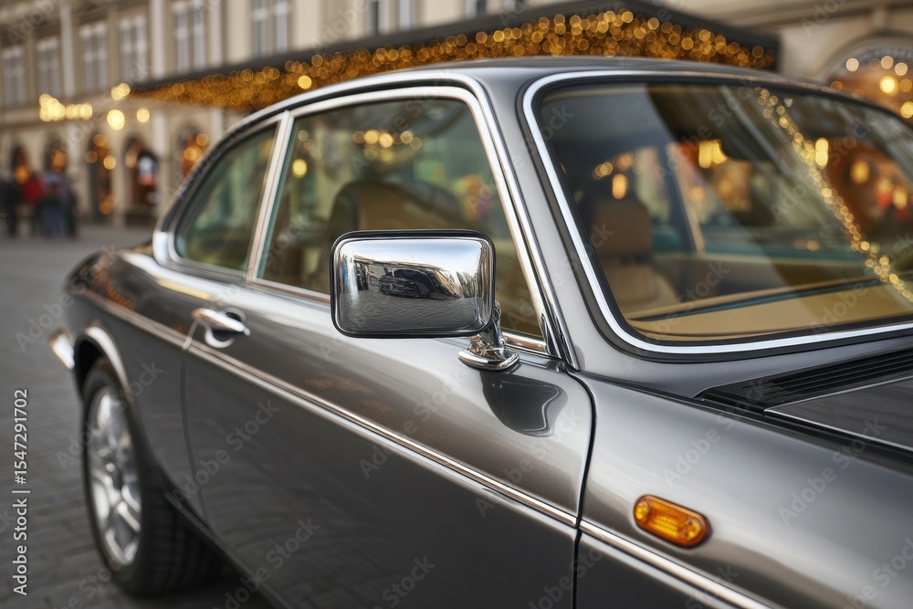 Fototapeta premium Classic vintage car parked on city street with festive lights in background
