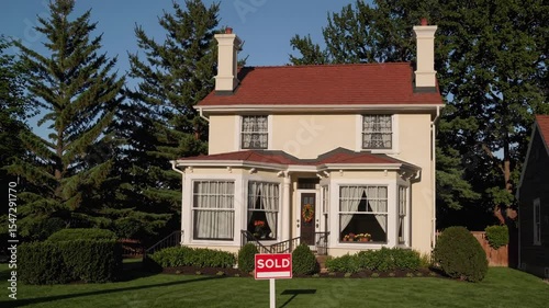 Classic two-story house with 'SOLD' sign on green front lawn, reflecting traditional American homeownership, real estate transactions, and residential architecture in suburbia