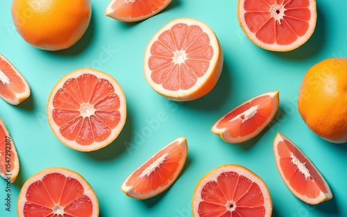 Grapefruit in flat lay Fruity pattern of grapefruit with pink flesh on a turquoise background Top view Modern flat lay photo pattern in pop art style. High quality