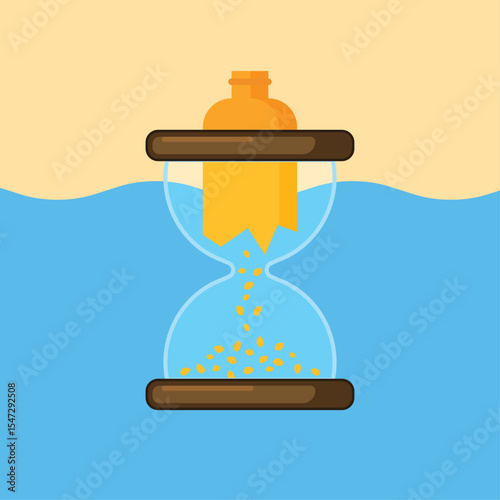 Vector illustration of a plastic bottle breaking into fragments inside an hourglass, symbolizing the timeline of plastic pollution and its impact on ocean environments.