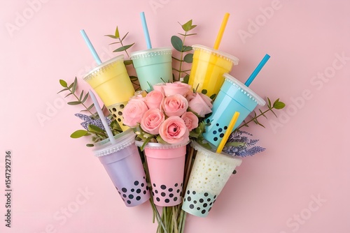 Colorful Bubble Tea in Pink and Yellow with Fresh Flowers and Straws