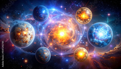 Wallpaper Mural Planets orbiting a central star in a vibrant, swirling space nebula, a colorful cosmic system. Torontodigital.ca