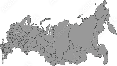 Simple Map of Russia with Administrative Borders and Internal Regions in Grey Colour Vector Illustration