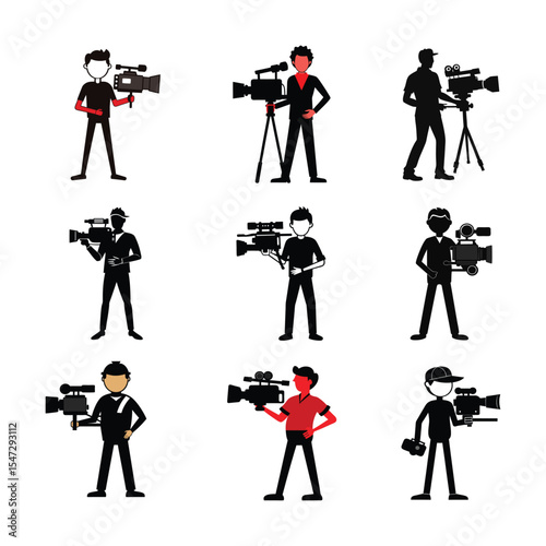 Professional Cameraman with video camera Silhouettes icons set on white background.