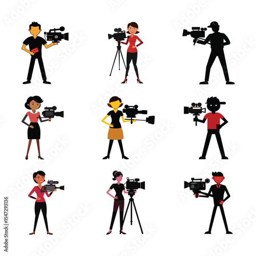 Professional Cameraman with video camera Silhouettes icons set on white background.
