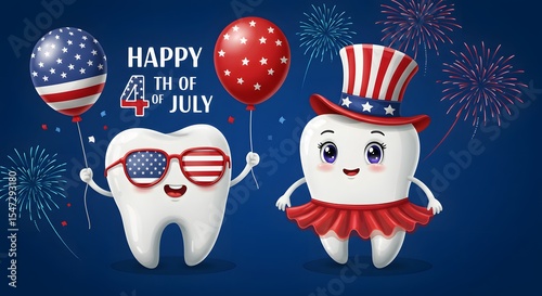 Patriotic Tooth Characters Dancing and Celebrating 4th of July