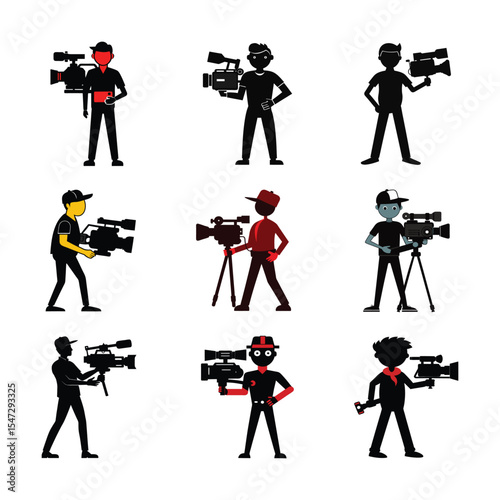 Professional Cameraman with video camera Silhouettes icons set on white background.