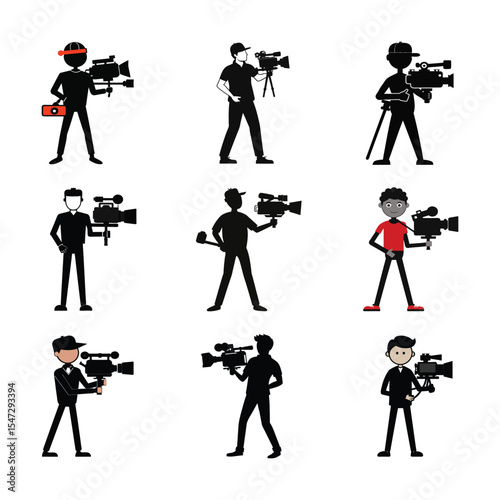 Professional Cameraman with video camera Silhouettes icons set on white background.
