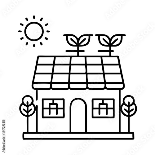 House with solar panels and roof garden under the sun, a concept of green energy and environmentally friendly home, vector illustration icon