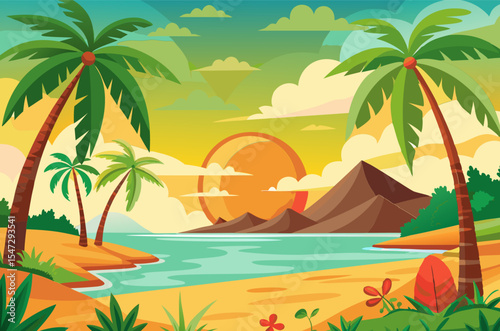 Tropical Sunset Beach. Idyllic Island Paradise