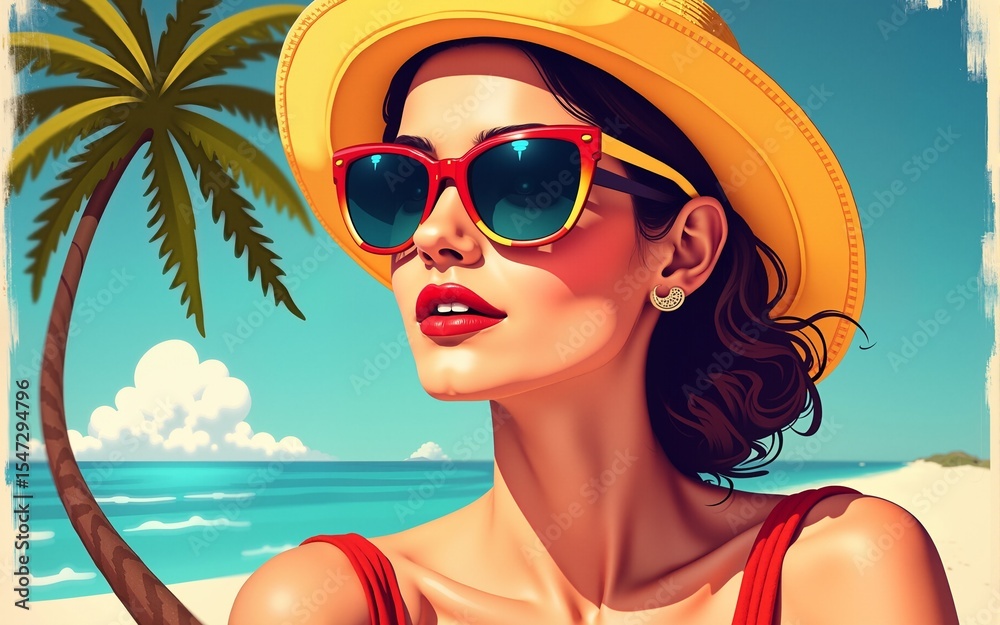 Summer poster travel. Fashion woman wearing trendy sunglasses. retro style pop art background. High quality Summer poster travel. Fashion woman wearing trendy sunglasses. retro style pop art background. High quality