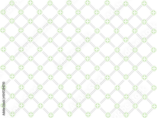 A repeating geometric pattern featuring light gray intersecting lines forming a grid, with small, light green floral designs centered in each diamond-shaped space.