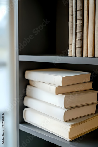 Stack of white hardcover books on gray bookshelf with natural window light creating minimalist composition for library, education, or reading concepts.