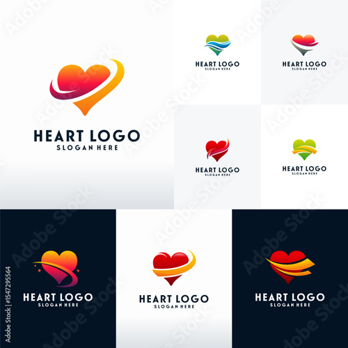 Set of Modern Heart logo designs with swoosh logo vector, Love logo designs concept
