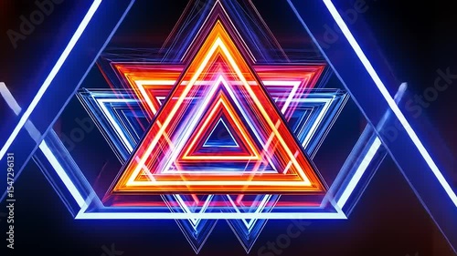 Vibrant geometric neon triangles radiating light in a digital art scene with a futuristic ambiance