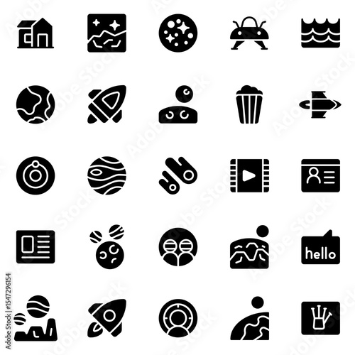 Collection of Basic Extrateresstrial Related Vector solid Icons. Contains Icons like Alien, Planet, Earth, Sun and more. Editable stroke. 48x48 pixels