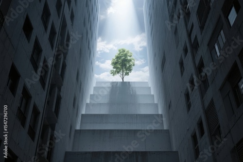 A solitary tree stands atop a staircase between two tall buildings, illuminated by sunlight.