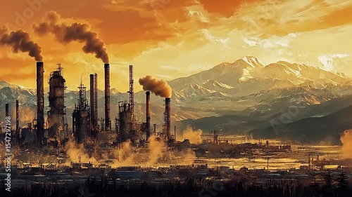 Industrial landscape at sunset with smokestacks emitting fumes against a mountainous backdrop