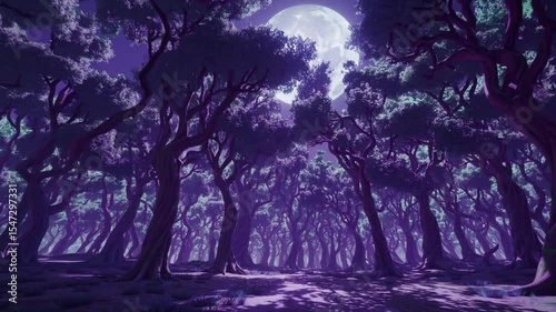 Mystical moonlight piercing through dense enchanted forest at night, casting ethereal purple glow and shadow patterns, symbolizing nature's mystery, solitude, and spiritual energy under moonlit skies