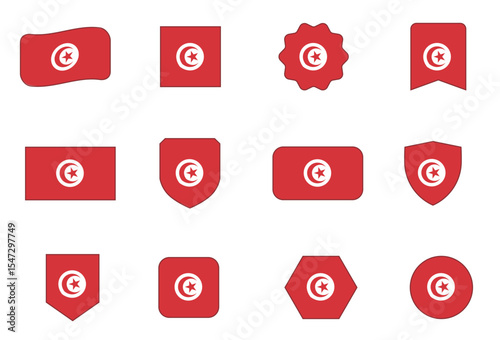 Flag of Tunisia in modern abstract shapes, waving, badge, design template