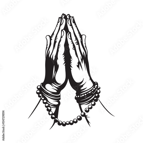 Praying Hands Holding Rosary Images vector Isolated on white background. 