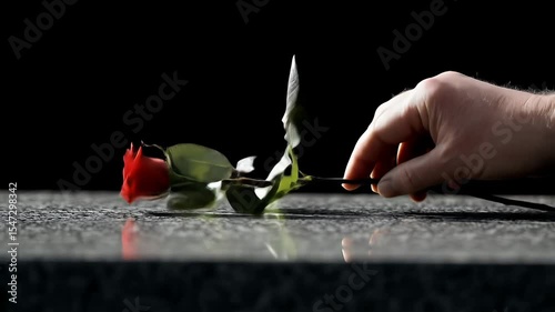 A red rose held in a hand above a dark stone surface