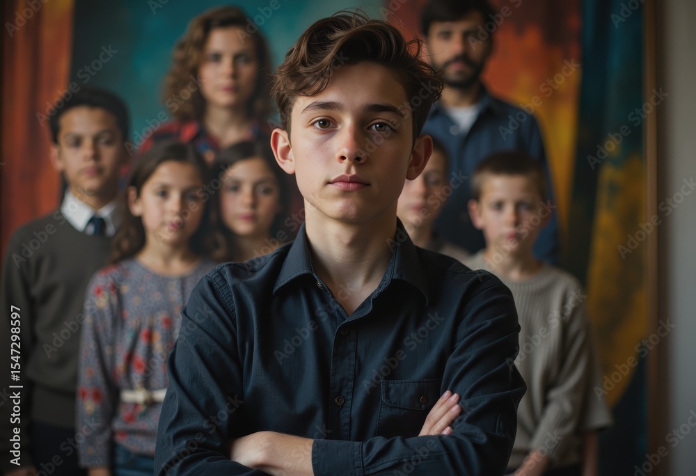 Fototapeta premium Teenage boy standing confidently in front of a family portrait