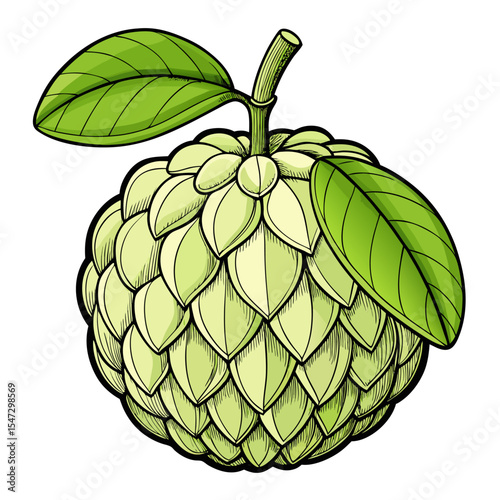 Simple line art illustration of a whole custard apple with its leafy green top