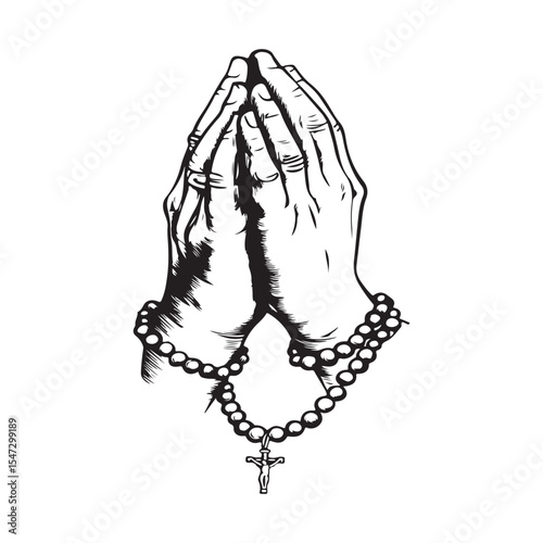 Praying Christian Or Catholic Man Hands With A Wooden Rosary image vector Isolated on white background. 