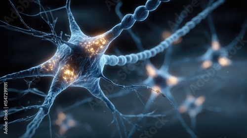 Neurotransmitter imbalance affects dopamine pathway concept. Close-up of interconnected neurons glowing in a dark background.