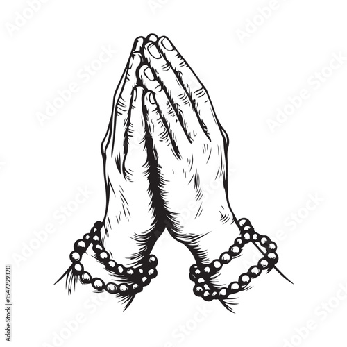 Praying Hands Holding Rosary Images vector Isolated on white background. 