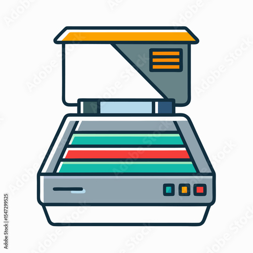 Clean modern line art illustration of a document scanner with a paper feed