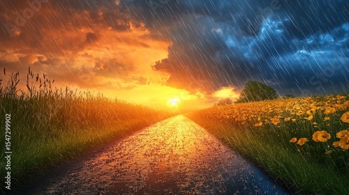 A golden sunset on one side of the image, a stormy, rainy evening on the other