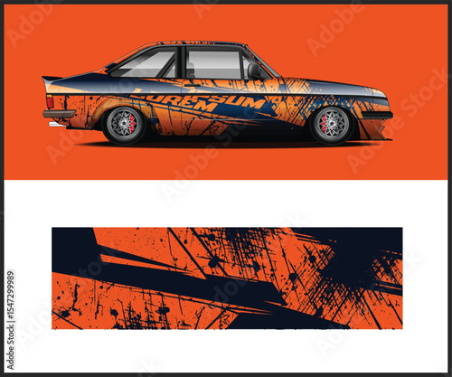 Illustration of a car with a custom orange and navy blue wrap design