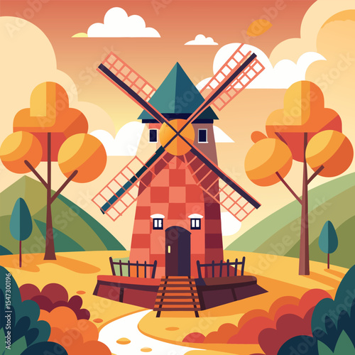 Autumn Landscape with Windmill. A picturesque view of a windmill in a vibrant autumn setting