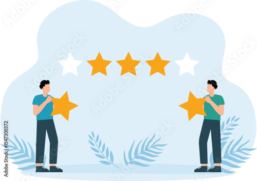 Five star review,Customer experience, best score rating, client feedback or consumer review, 5 stars rating
