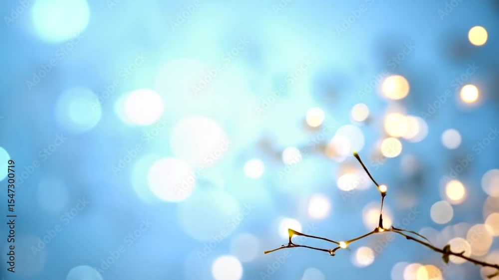 Glowing abstract lights on delicate branch with soft blue bokeh background